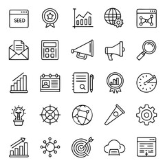 Collection of various seo and marketing icons, including chart, graph, target, cloud, gear, bulb, calendar, and clock vector illustration