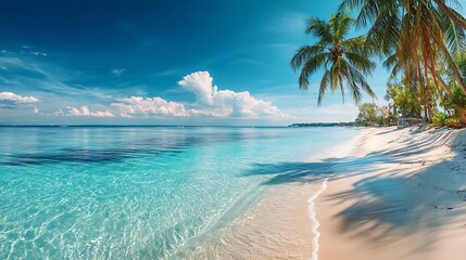 Fototapeta premium A serene tropical beach with clear turquoise waters, white sandy shores, and palm trees under a bright blue sky.