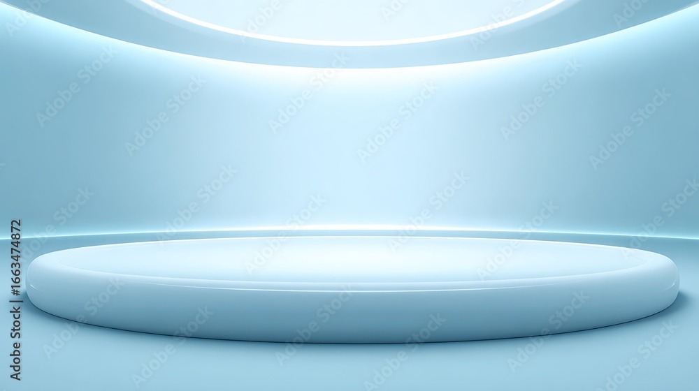Poster illuminated minimalist product display stage with soft blue ambient light and futuristic circular ce