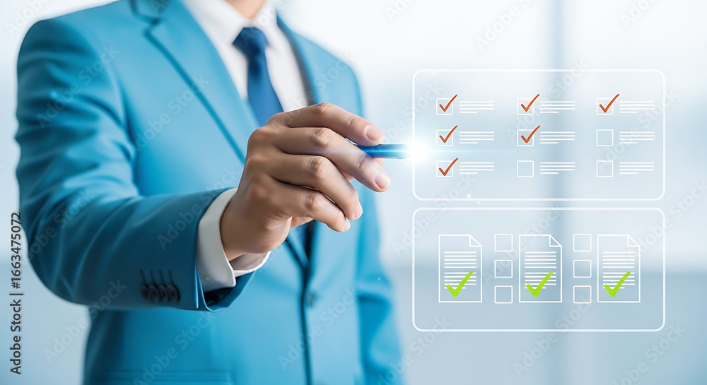 Poster professional man in a blue suit interacting with a digital interface, checking off tasks on a checkl