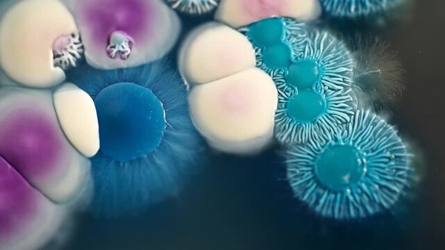 Close-up view of diverse, colorful microbial colonies growing on a culture medium, showcasing intricate biological patterns.