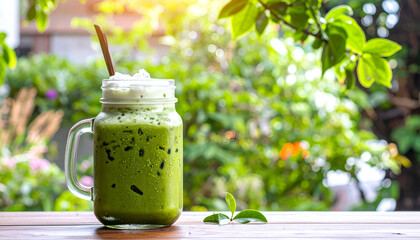 Iced Matcha Green Tea Drink with Whipped Cream in a Mason Jar