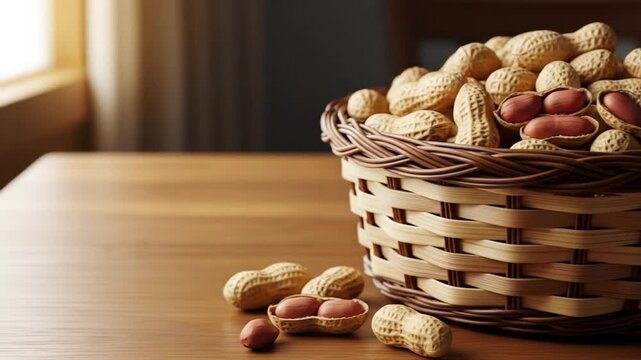 A wicker basket full of peanuts sits on a wooden table.