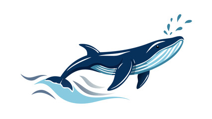 Illustration of a blue whale jumping out of the water, the whale is spouting water from its blowhole