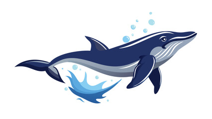 Illustration of a blue dolphin swimming in the ocean with water splashes, vector graphic of a marine mammal