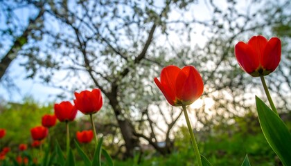 Obraz premium Vivid red tulips stand tall beneath a canopy of blossoming trees on a spring day.