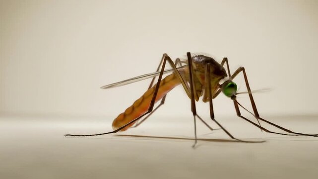 Close-up of a mosquito with a full abdomen, showcasing its delicate wings, long legs, and proboscis against a plain background.