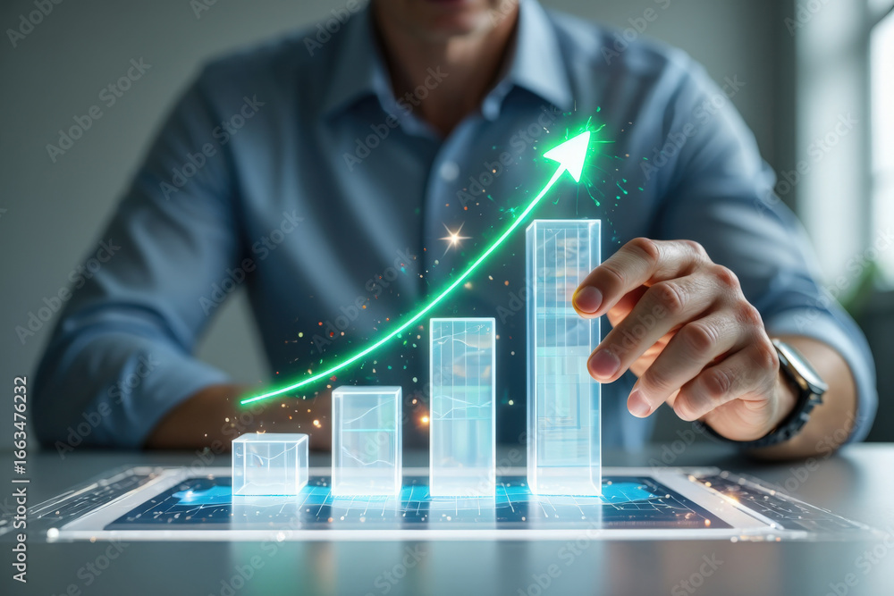 Poster visualizing success a dynamic representation of business growth with an upward trending arrow and ba