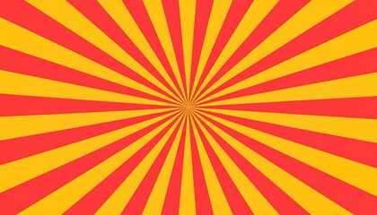 A vibrant radiating pattern design features alternating red and gold stripes, creating a sunburst effect.
