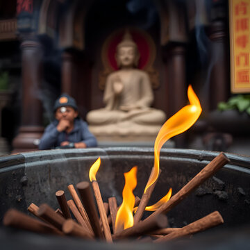 Close up of burning incents in a large pot at a temple with blurred stone buddha statue in background