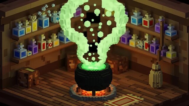 Animated pixel art witch cauldron with glowing green potion and magical bubbles in pixel style.