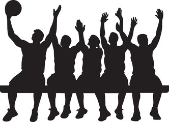 Players on the bench clapping and cheering for teammates on the court, full-length silhouette black vector illustration