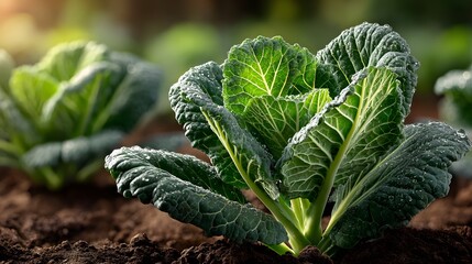 Close-up of vibrant kale plants growing in a field, bathed in sunlight
