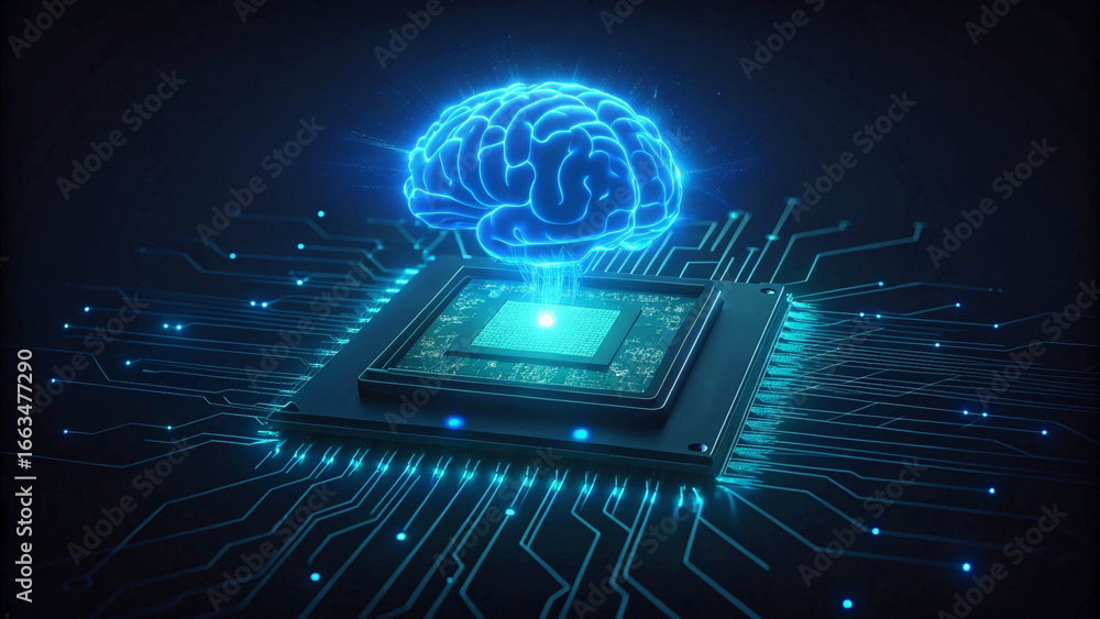 Poster artificial intelligence concept with glowing brain hologram integrated into a cpu chip on a dark bac