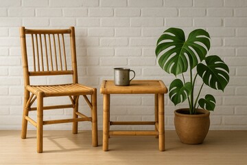Minimalist Interior with Bamboo Furniture and Monstera Plant Against White Brick Wall