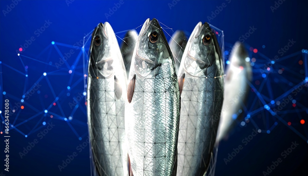 Poster fresh salmon fillets suspended in mesh nets against a deep blue backdrop with abstract digital netwo