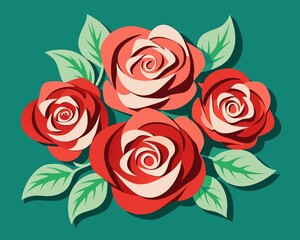 Elegant vector illustration of red and cream rose flowers arranged in a cluster with soft green leaves on a solid teal background. Designed in a layered cut-paper style, perfect for romantic, wedding