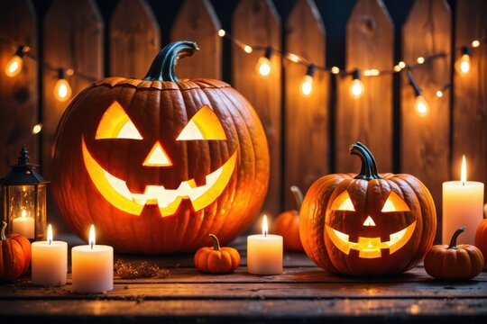 Celebrating Halloween: A Festive Display of Carved Pumpkins with Flickering Candles and Warm Light Against a Cozy Wooden Background - Powered by Adobe