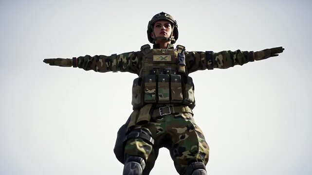 Low Angle View of Soldier in Camouflage Uniform and Tactical Gear With Arms Raised Against A Neutral Backdrop