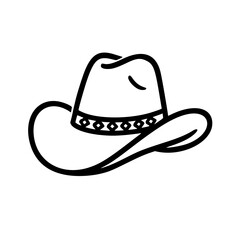 Stylized black and white line drawing of a classic cowboy hat with a high crown, curved brim, and decorative band. ideal for use in travel guides, fashion branding