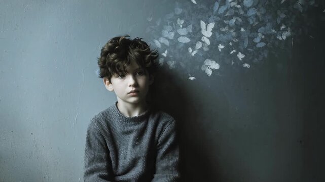 Autism, neurocomplexity and neurodivergency concepts. Artistic video thumbnail featuring a pensive child in a moody, evoking emotion, imagination.