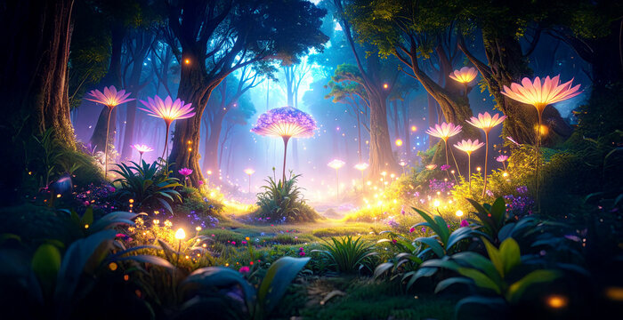 Floresta encantada a noite com gigantes flores roxas brilhantes e &aacute;rvores em uma noite.