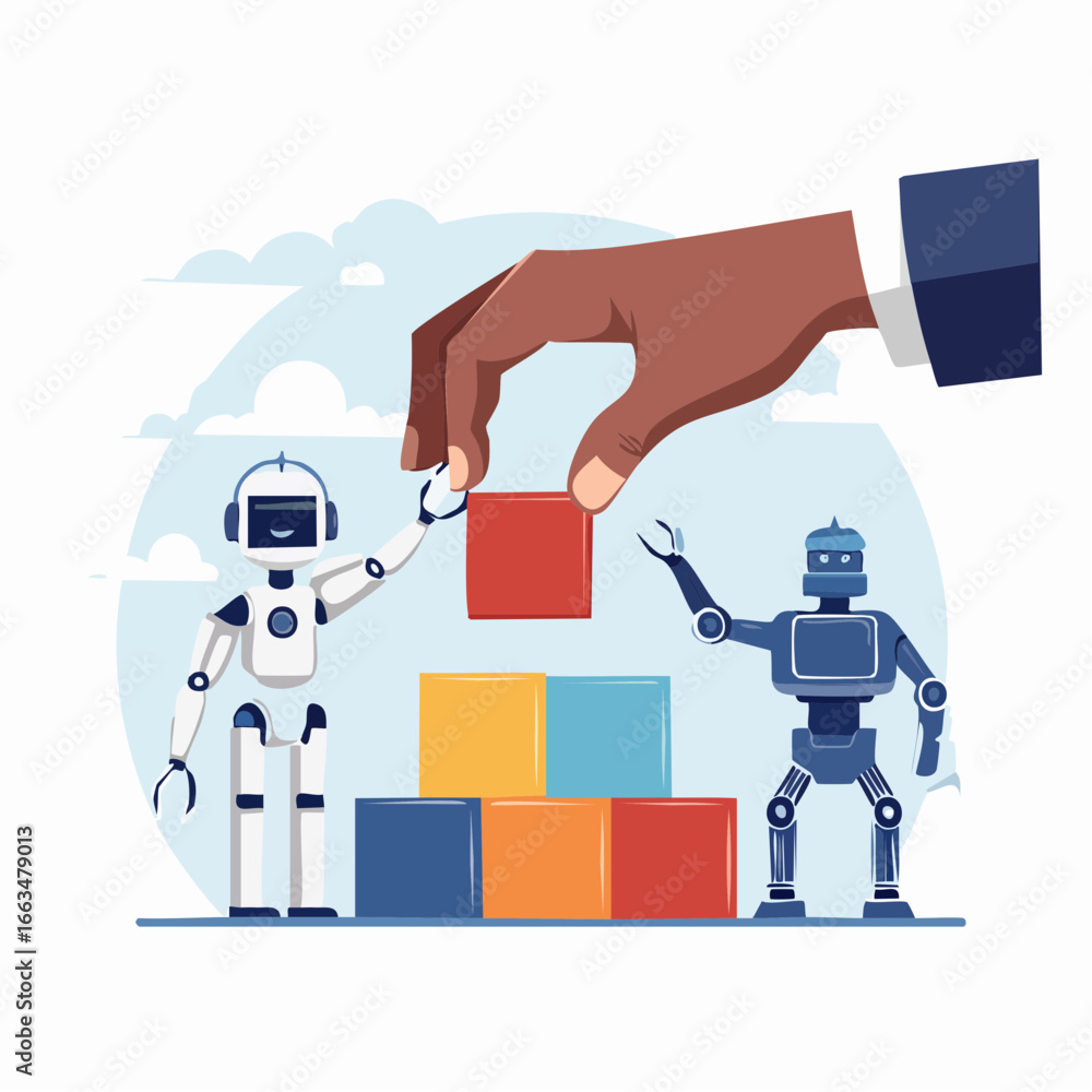 Poster robots working together building blocks