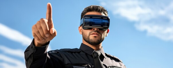 legal advice enforcement concept. Man wearing VR headset pointing in the sky.