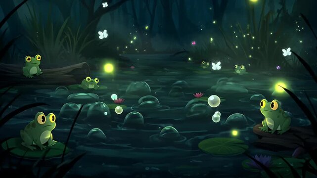 Frogs Sitting on Lily Pads in a Mysterious Swamp Animation