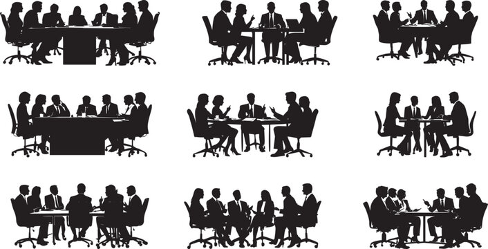 Team Discussion Silhouette A group of business people sitting, actively discussing a topic or plan of action. full length silhouette black vector illustration