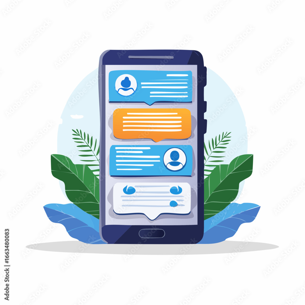 Poster flat design mobile phone with messaging app interface