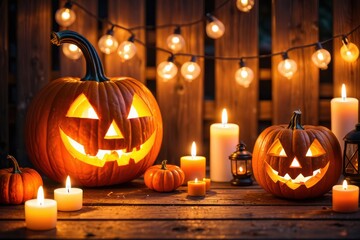 Fototapeta premium A Festive Halloween Scene Featuring Carved Jack-o'-Lanterns, Candles, and Atmospheric String Lights on a Rustic Wooden Table
