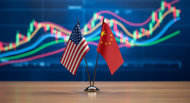 Economic diplomacy displayed through american and chinese flags with stock data