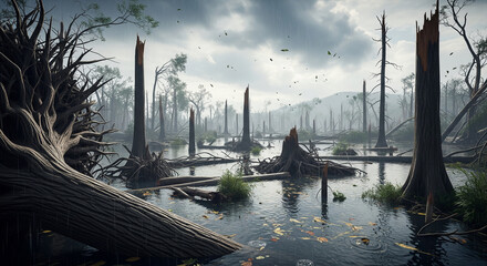 Gloomy Waterscape: A desolate waterscape unveils the stark reality of environmental change, with a haunting landscape of withered trees standing amidst murky water.