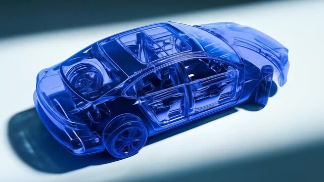 Transparent blue 3D model of a car revealing its internal components and structure.