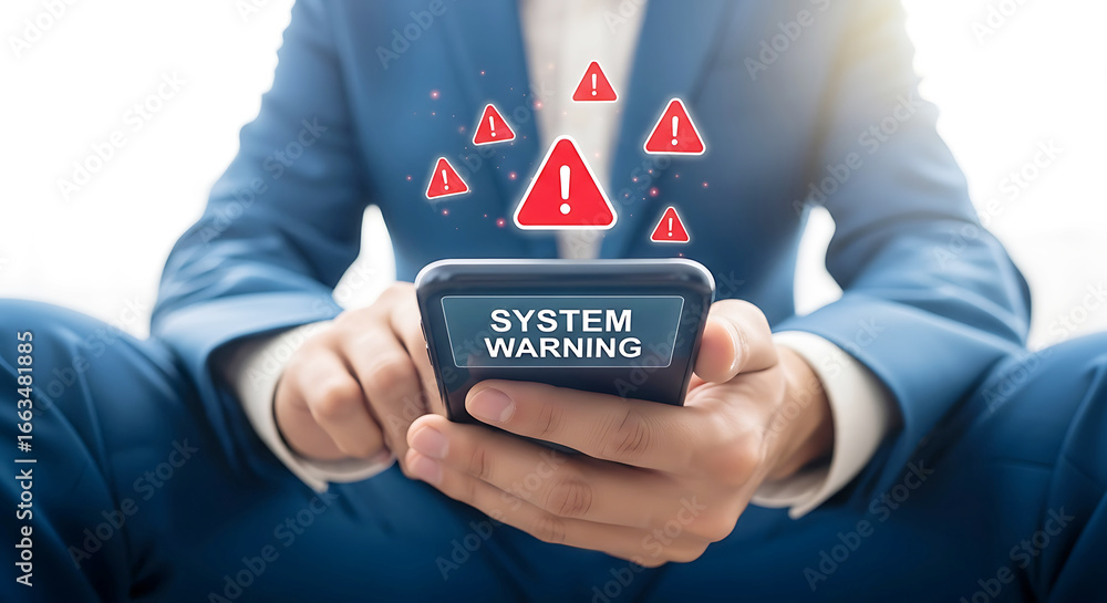 Poster man in a suit holding a smartphone displaying a system warning with red alert icons floating around