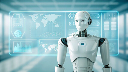 Futuristic Robot Standing Before a High Tech Interface Displaying World Maps and Data Analytics Ideal for AI and Technology Concepts