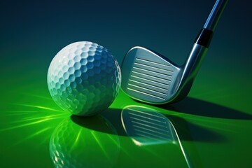 Golf ball close up with iron club reflection. Use for sports campaigns, professional branding, athletic lifestyle ads and tournament promotions

