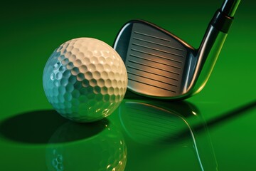 Close up golf ball and iron club reflection. Use for event posters, sports coaching materials, retail promotions and tournament marketing