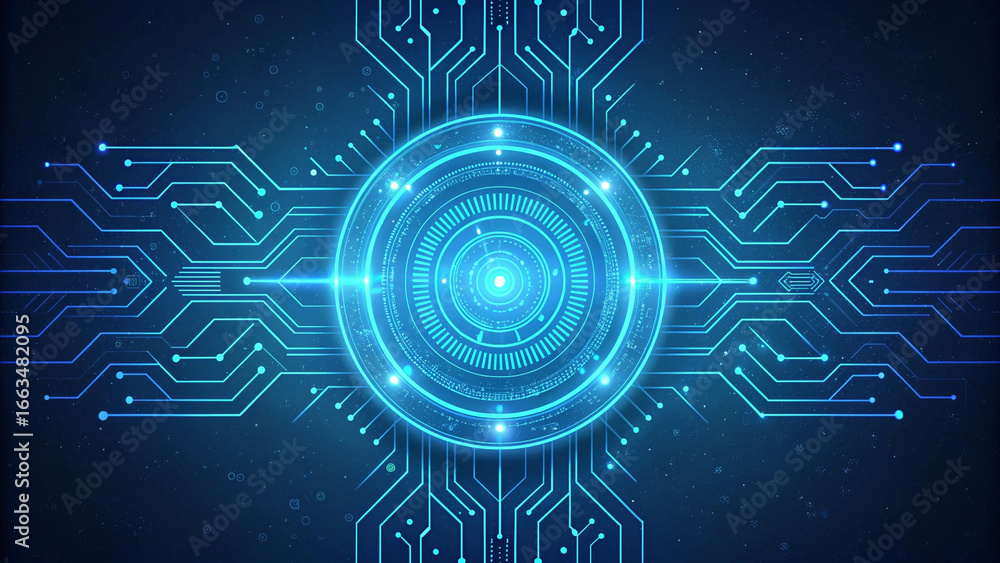 Poster futuristic technology circuit board design with glowing blue light and data stream representing arti