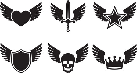 Fototapeta premium Winged heart sword star shield skull crown emblems