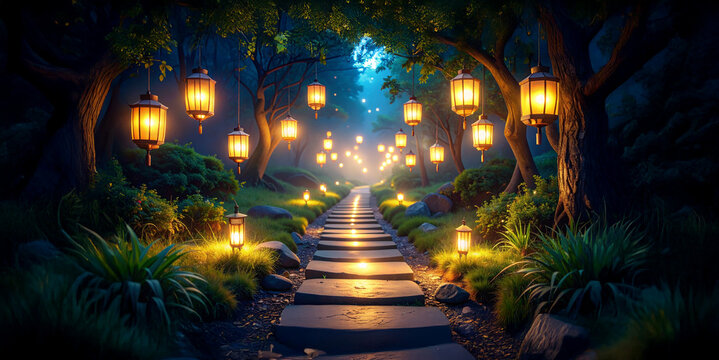 Caminho de pedras em uma floresta m&aacute;gica com luzes penduradas em &aacute;rvores a noite. 