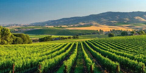 The serene vineyard landscape under a clear blue sky capturing nature's beauty.