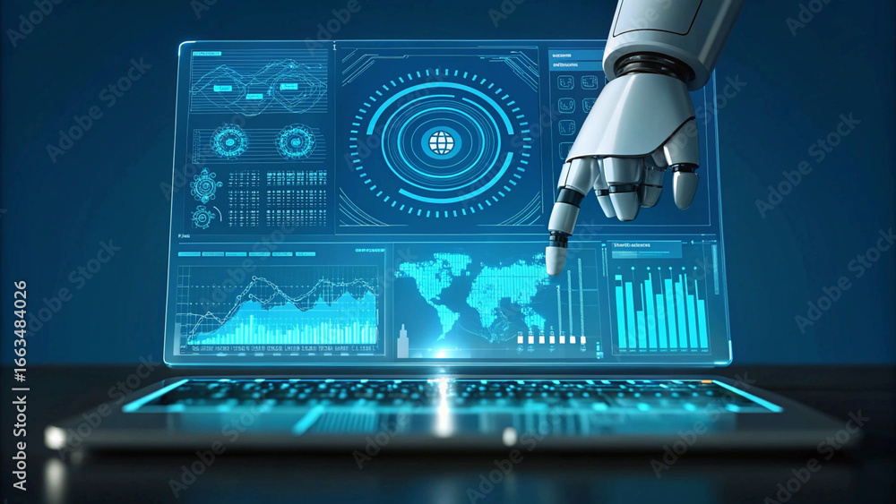 Aufkleber robotic arm interacting with futuristic laptop interface displaying world map data and financial cha