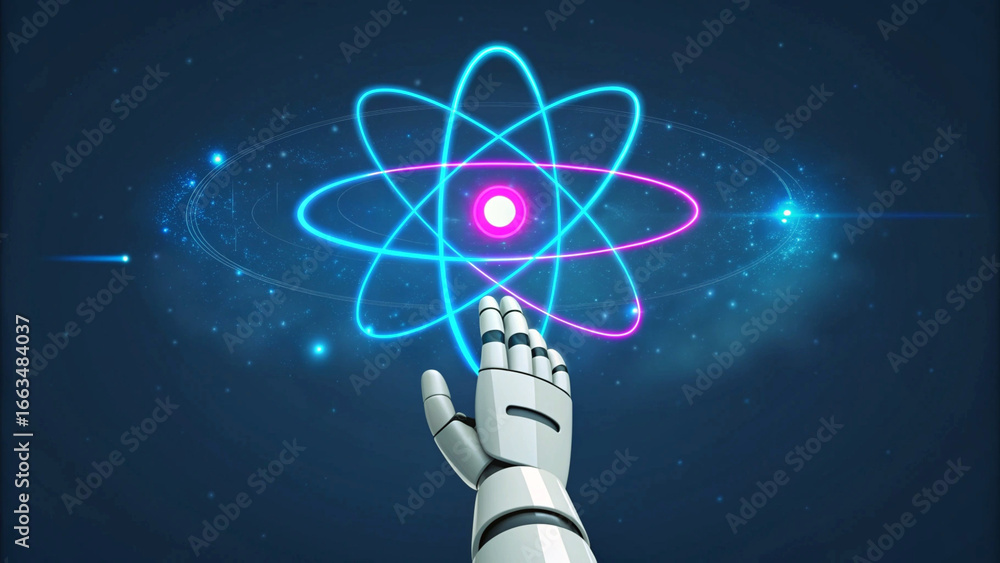 Poster robotic arm reaching for quantum atom energy source futuristic technology illustration for science a