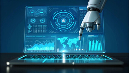 Robotic Arm Interacting with Futuristic Laptop Interface Displaying World Map Data and Financial Charts for Advanced Technological Concepts