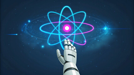 Naklejka premium Robotic Arm Reaching for Quantum Atom Energy Source Futuristic Technology Illustration for Science and Innovation Concepts