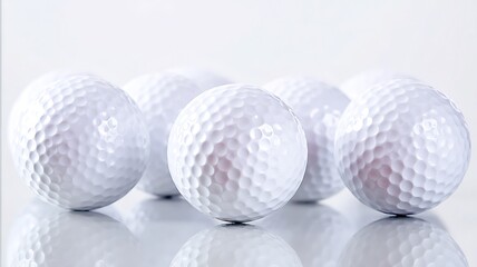 Neatly Arranged Golf Balls Close-Up on Clean White Background with Subtle Lighting Effect for Sport Equipment Promotion and Healthy Lifestyle Design