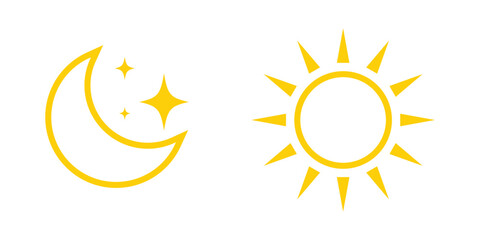Bright outline vector drawing on white background. Sun, moon and star icon on white background.   Modern isolated vector icon set.  Vector icon set on white background.  isolated art work. EPS 10.