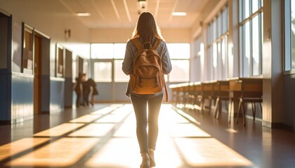 A young woman with a backpack walks down a sunlit hallway in a school building, heading away from the viewer, showcasing education and determination in her stride.